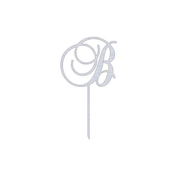 This elegant B Monogram swirl script cake topper features an intricate design, crafted from durable Aluminum with a Natural Aluminum finish. Measuring 6.5 inches wide and 11.5 inches high, it adds a personalized touch to cakes for weddings, birthdays, and other special occasions.